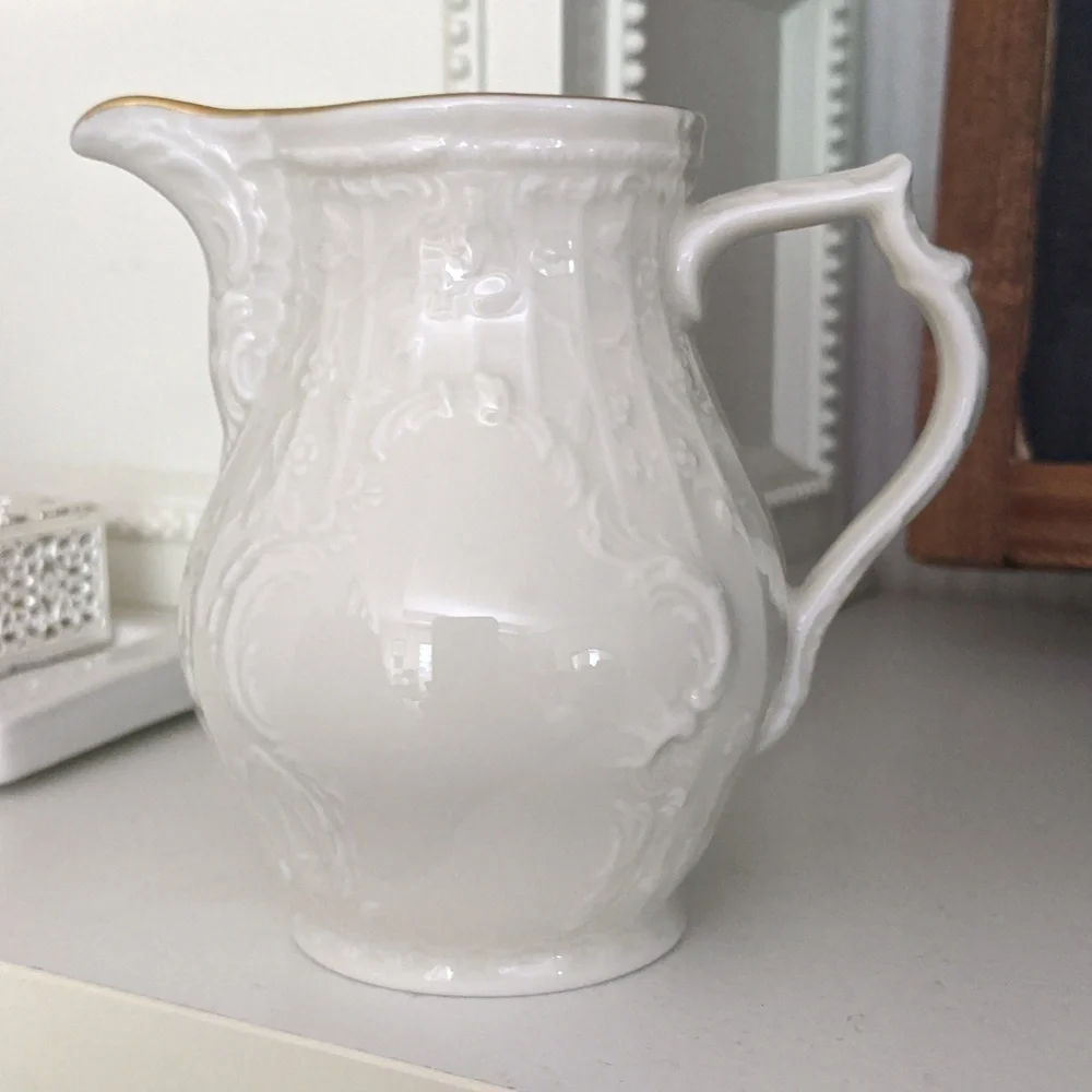 Small Vintage Creamer Gold Trim Ornate Handle Vase Floral Cottagecore China